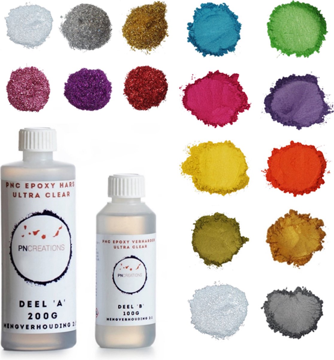 PNCreations Epoxy Set Color & Glitter Mix | 10 Mica Pigmentkleuren |300 G PNC Ultra Clear Epoxy Hars |  6 Epoxy Glitter